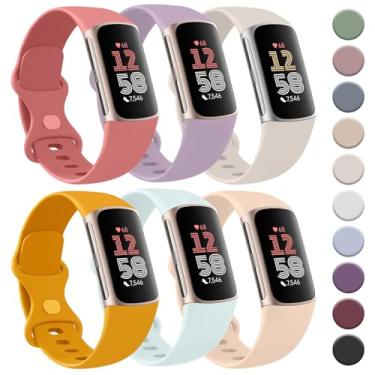 Imagem de Tobfit Pacote com 6 pulseiras esportivas compatíveis com Fitbit Charge 6/Fitbit Charge 5 para mulheres e homens, pulseiras de substituição de silicone macio à prova d'água, compatíveis com Fitbit Charge 5/Charge 6 Fitness Tracker, grande