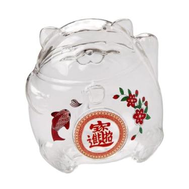 Imagem de ＫＬＫＣＭＳ Escultura de gato da sorte, cofrinho de vidro transparente, pote de economia de dinheiro, ornamento de mesa, caixa de dinheiro para crianças