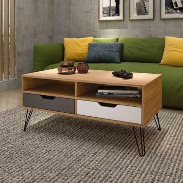 Imagem de Mesa de Centro Estocolmo Carvalho/Grafite/Branco 2 Gaveta 2 Nichos e 4