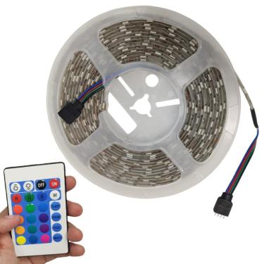 Imagem de Fita Led RGB 5 Metros SMD 5050 Controle Fonte Dupla Face Iluminaçao Quarto Sala Decoraçao Mesa Teto Sanca Gesso Espelho Ambiente