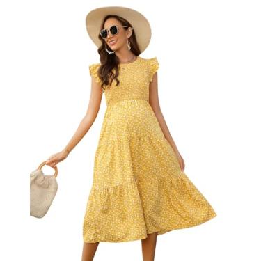 Imagem de FUNJULY Vestido de maternidade feminino casual decote coração plissado vestido evasê estampado formal rodado mini vestidos curtos, Amarelo floral #gl, M