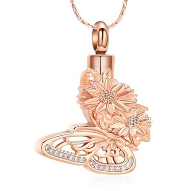 Imagem de constantlife Colar de urna de borboleta de girassol para cinzas, joia de cremação, pingente de lembrança, perda, amado, presente em memória para mulheres, Aço inoxidável, aço inoxidável