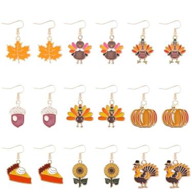Imagem de 9 pares de brincos femininos de outono para o dia de Ação de Graças, Abóbora, Bordo, Peru, Girassol, Pinha, Bolo, Bolo, Pingente, Brinquedos, Outono, Ação de Graças, Zinco, Sem pedra preciosa