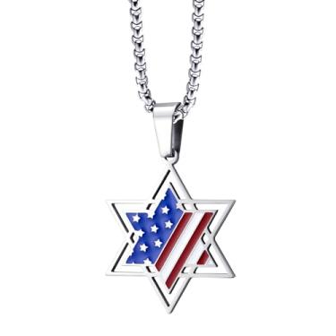 Imagem de 555Jewelry Pingente de aço inoxidável com estrela de Davi e bandeira dos EUA, corrente de caixa de 40 a 61 cm, 16'' inch, Aço inoxidável, Sem Pedra Preciosa