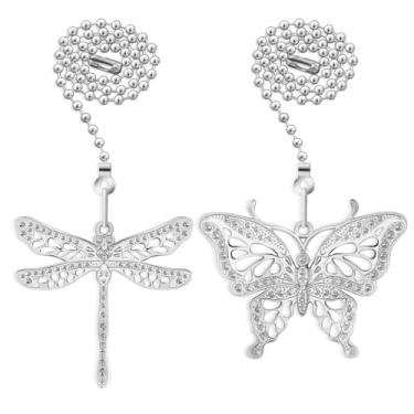 Imagem de Dotlite Conjunto de corrente de puxar para ventilador de teto, extensão decorativa de corrente de puxar, 30 cm de iluminação e ventilador de bola com contas extensora de corrente com conector, libélula e borboleta, pacote com 2 (prata)