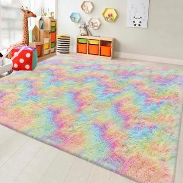 Imagem de Tapete colorido arco-íris fofo para sala de estar, 20 x 25 cm, kawaii, tie dye, tapete de unicórnio para quarto, meninas, crianças, berçário, bebê, princesa, dormitório, decoração de casa, tapetes
