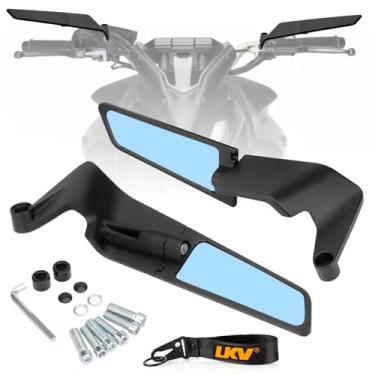 Imagem de LKV Espelhos de motocicleta Stealth Wind Wing Side Mirrors ajustáveis 360° giratório preto para Z400 Z650 Z900 1290 Super Duke R Evo ABS 390 Duke Street Bike (vidro azul)
