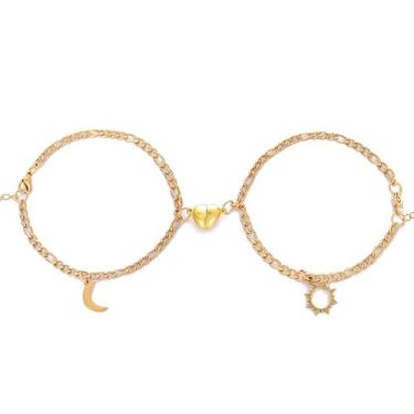 Imagem de 2 pulseiras personalizadas combinando para casais, pulseiras de sol e lua de aço inoxidável, pulseiras combinando, pulseiras de amizade, pulseira de coração de compromisso, joias presentes para homens