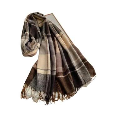 Imagem de Lenço de Viagem Feminino de Caxemira - Xadrez, Pashmina com Borla, Wt1