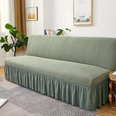 Imagem de Capa de futon sem braços com saia de babados, capa de sofá-cama futon altamente elástica, capa de sofá antiderrapante sem braços, tecido de veludo grosso, macio e aconchegante(Green,Large (190-210cm))