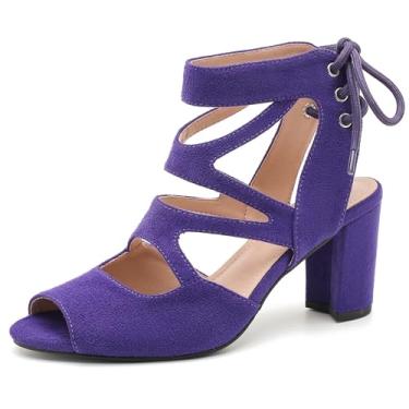 Imagem de fereshte Sandália feminina gladiadora com tiras com cadarço, vazada, salto alto grosso, Roxa, 34