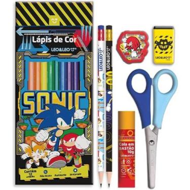 Imagem de Kit Escolar Sonic Lápis de Cor 12 Cores + 2 Grafite + Borracha + Cola 