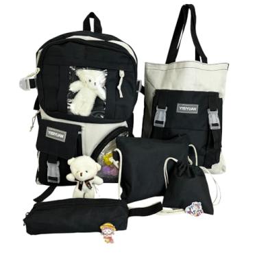 Imagem de Conjunto de Mochila de 5 Peças Amidila com Acessórios de Ursinhos Fofos Escolar À Prova D'água Estojo Bolsa da Sorte Bolsa de Mão Broche Cor Preto