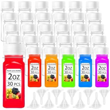 Imagem de 30 garrafas pequenas de plástico de 60 ml com tampas brancas, garrafas de suco transparentes reutilizáveis, recipientes de plástico vazios com 10 funis para doses de gengibre, líquidos, bebidas