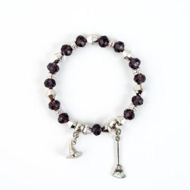 Imagem de Pulseira Bruxa Wicca Roxa Chapeu Vassoura Cristal e Silicone - Lua Mís