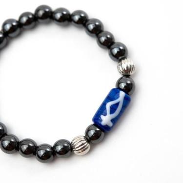 Imagem de Pulseira Ogum Firma Azul Hematita e Silicone - Lua Mística - 100% Orig