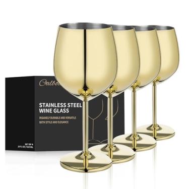 Imagem de CALBODE 4 peças de taças de vinho de aço inoxidável douradas de 510 g inquebráveis para viagens, piqueniques de acampamento e à beira da piscina, taça de vinho de metal portátil e reutilizável para