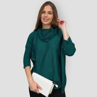 Imagem de Poncho Feminino Tricô Lã Gola Alta Quente Inverno Estilo - GIP, Verde,