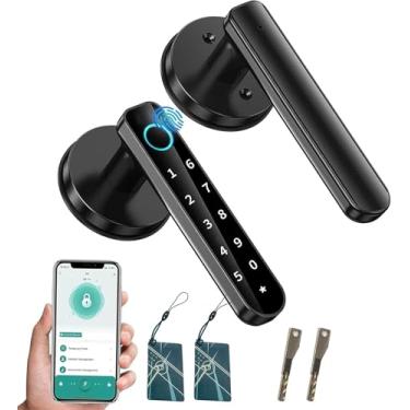Imagem de Fechadura de porta com impressão digital, maçaneta inteligente, fechadura biométrica 5 em 1 com chave de backup de código de aplicativo inteligente, para quarto, casa, hotel, escritório, apartamento