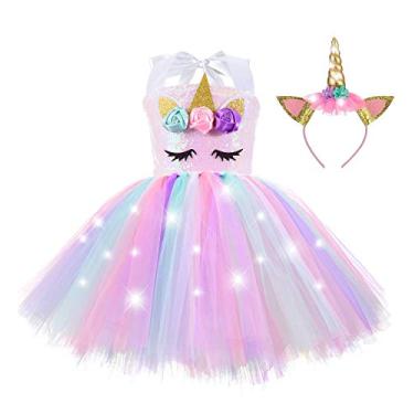 Imagem de Vestido de fantasia infantil de princesa rosa com lantejoulas de unicórnio para meninas com faixa de cabeça, aniversário, Natal, festa de dança, tutu 6 anos