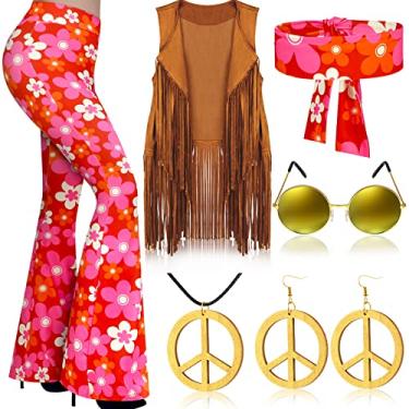 Imagem de Haull Conjunto de 7 peças de roupas femininas hippie discoteca dos anos 60, 70, conjunto de fantasia de Halloween, calça rodada, colete com franja, sinal de paz, Multicor, Large