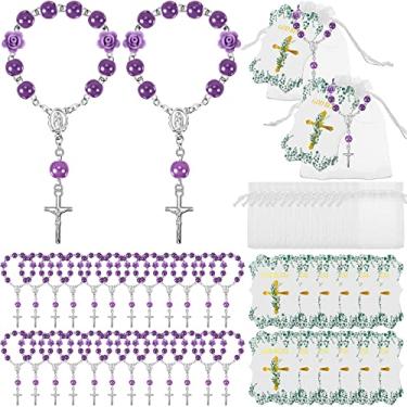 Imagem de Conjunto de 96 peças de rosário de batismo para convidados, incluindo 32 mini rosário católico com crucifixo 32 sacos de organza, 32 etiquetas de abençoamento douradas, decoração de festa de batismo, lembrancinhas de casamento de batizado (roxo)