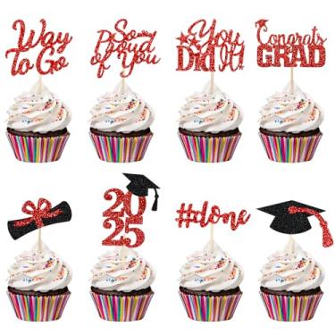 Imagem de 32 peças de enfeites de cupcake de formatura 2022 vermelho e preto, palhetas de centro de formatura, palitos de centro de formatura, palitos de cupcake de chapéu de diploma de 2022 para decorações de festa de formatura 2022 vermelho e preto