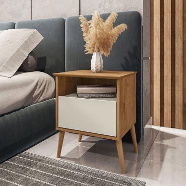 Imagem de Mesa De Cabeceira 1 Gaveta Pés De Madeira Maciça Cancun Móveis Bechara Naturalle/Off White