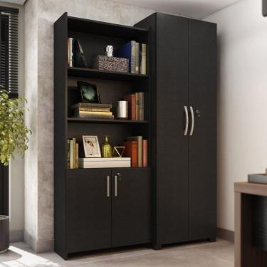 Imagem de Kit Armários Para Escritório Semi Aberto 2 Portas E Armário Alto Com Chave Preto Tx