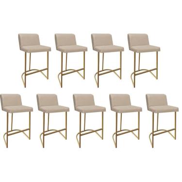 Imagem de Kit 09 Banquetas Com Encosto Noah Luxo Confort Bistrô Cozinha Ferro Dourado Suede Bege - Amey Decor