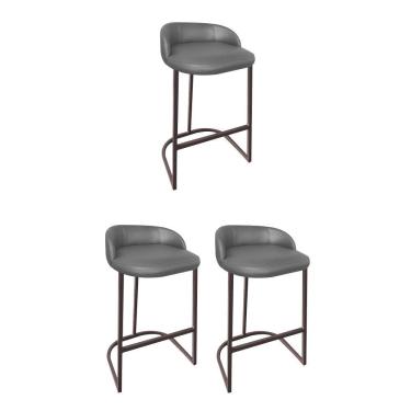 Imagem de Kit 03 Banqueta Betyna Com Encosto Alta Cozinha Bar Balcão Ferro Marrom Sintético Cinza - Amey Decor
