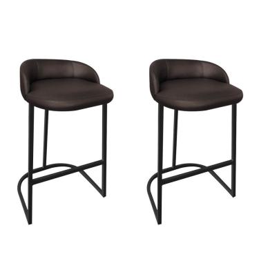 Imagem de Kit 02 Banqueta Betyna Com Encosto Alta Cozinha Bar Balcão Ferro Preto Sintético Marrom - Amey Decor