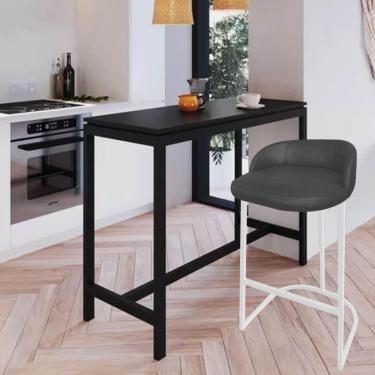 Imagem de Banqueta Betyna Com Encosto Alta Cozinha Bar Balcão Ferro Branco Linho Chumbo - Amey Decor