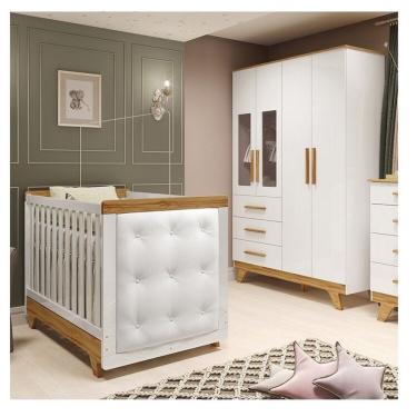 Imagem de Quarto De Bebê Berço Com Capitonê E Guarda-roupa Com Janelas 100% Mdf Retrô Kakau Espresso Móveis Branco
