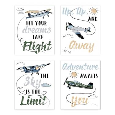 Imagem de Sweet Jojo Designs Conjunto de 4 impressões de arte de parede (avião vintage) para meninos, berçário de bebê/bebê, decoração de quarto de crianças sem moldura (aviões, transporte, nuvens, sol, céu