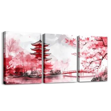 Imagem de Feelyou Decorações de escritório de flores de cerejeira pôsteres 30,5 x 40,6 cm x 3 peças arte de parede em tela estilo japonês para sala de estar quarto para crianças decoração de parede para