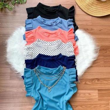 Imagem de Blusa feminina malha canelada com elastano manga curta babado - Filó M