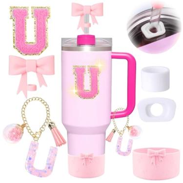 Imagem de 6 peças de acessórios rosa para copo Stanley, decorações para copo de 30/1,134 g com alça, inclui tampa e bota de cobertura de palha de laço, pingente de iniciais, adesivo de letra, tampa à prova de