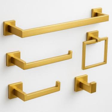 Imagem de Kit 5 Acessórios Banheiro Luxo Dourado Cabide Toalheiros Papeleira Ino