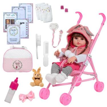 Imagem de Bebe Reborn Menina Coelhinha 100% Vinil + Carrinho Infantil - Cegonha 