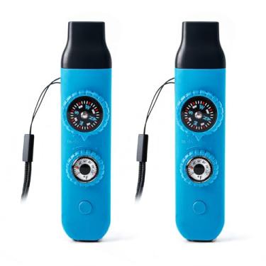 Imagem de Apito de segurança de sobrevivência de emergência, apito para crianças com cordão, bússola, termômetro, ideal para caiaque, passeios de barco, caminhadas, acampamento, escalada (azul, 2 peças)