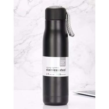 Imagem de Garrafa Térmica de Aço Inox, 500ml, Alça com Cordinha, Preta, Prata, Azul e Rosa (Preto)