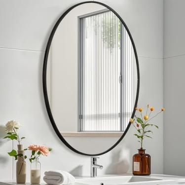 Imagem de JENBELY Espelho oval preto para banheiro, espelho oval de banheiro de 61 x 81 cm com moldura de metal escovado, espelho decorativo de parede para banheiro, sala de estar, entrada