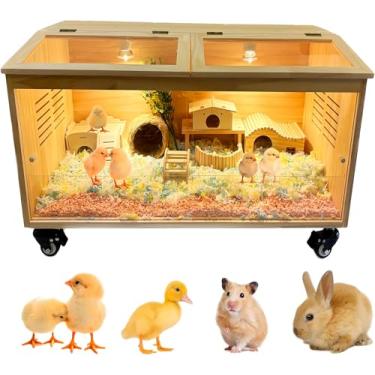 Imagem de Caixa de chocadeira de madeira de pinheiro natural com termostato e lâmpada de aquecimento e rodízios de freio - painéis sólidos de 1,5 cm de espessura para pintinhos, patinhos, hamsters