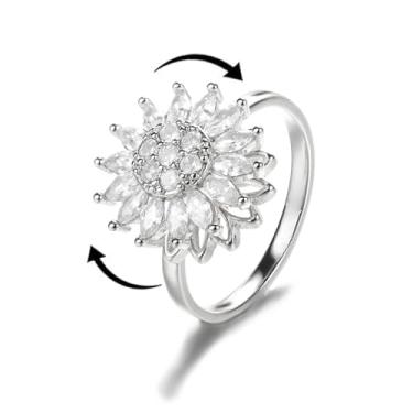 Imagem de DIOWUS Anel Fidget de Girassol para Mulheres, Ouro Ansiedade Brilhante Strass Girassol Humor Flores Abertas Anéis de Cristal Ajustável Declaração Aliviar a Preocupação Joia Presente, Cobre, Sem pedra