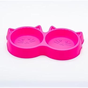 Imagem de Tigela Dupla Comedouro e Bebedouro para Gato Plástico Antiderrapante 2 em 1 Pote de Ração e de Água (Rosa)