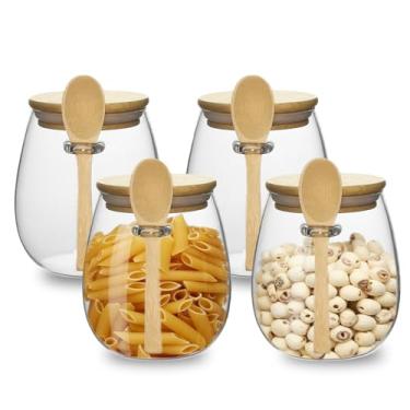 Imagem de wangsdjy Frascos de armazenamento de vidro com tampas e colher de bambu - Recipientes herméticos de armazenamento de 800 ml Frasco de vidro, boca larga, à prova de vazamento, vem adequado para grãos