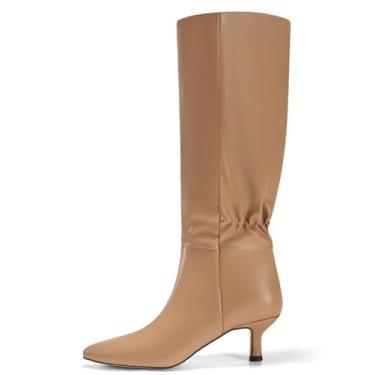 Imagem de Coutgo Botas femininas até o joelho salto gatinho bico fino botas longas com elástico vestido de inverno botas altas, Marrom claro, 35