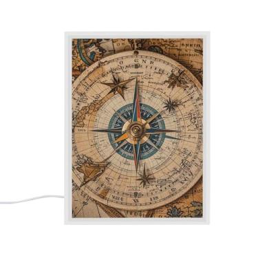 Imagem de Bússola e Mapa do Velho Mundo Espelho de Maquiagem Iluminado por LED, Espelho de Maquiagem Grande com Luz Noturna Artesanal 2 em 1 e Produtos de Acabamento de Luz Decorativa para Quarto Mesa Luzes