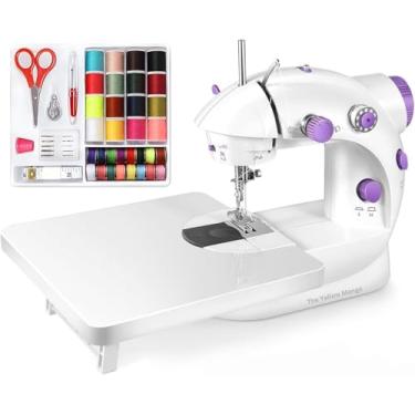Imagem de Máquina de costura Amazon, mini máquina de costura básica com pedal para crianças e iniciantes, máquina de aderência elétrica de linha dupla + kit de costura de mesa e 46 peças, alimentado por bateria
